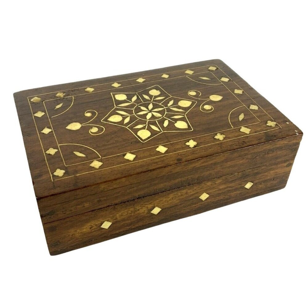 Handcrafted Wooden Jewelry Stash Box Inlaid Design Rectangular Stars Boho